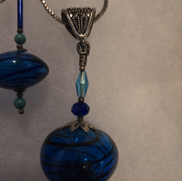 Blown Glass Blue Bauble Pierced Earrings And Necklace - Picture 3 of 3